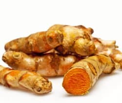 Mehrere Kurkuma-Wurzeln auf weißem Hintergrund, eine angeschnitten mit leuchtend orangefarbenem Inneren.