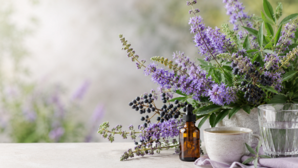 Mönchspfeffer mit violetten Blüten, dunklen Beeren, Tropfflasche, Tee und Wasserglas als natürliche Alltagsergänzung.