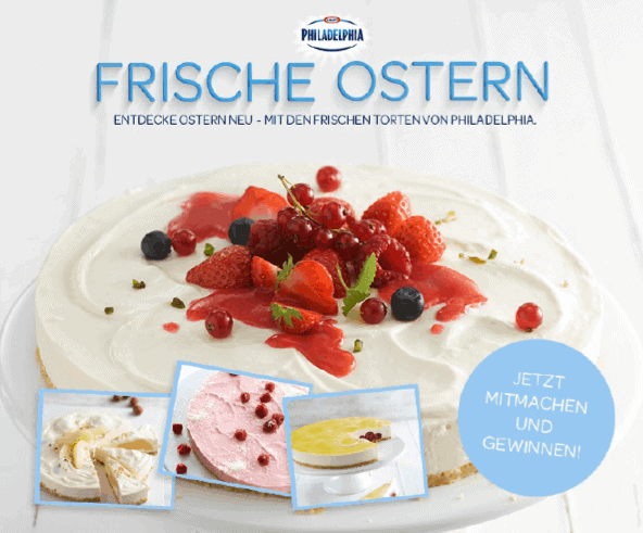 Ein weißer Kuchen mit roten Beeren und Minzblättern, umgeben von kleineren Kuchenbildern und Text 'Frische Ostern'.