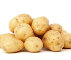 Ein Haufen frischer, hellbrauner Kartoffeln auf weißem Hintergrund.
