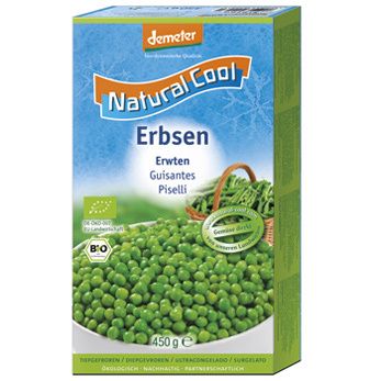 Verpackung von Bio-Erbsen der Marke Natural Cool, 450g, mit grünem Design und Erbsenabbildung.