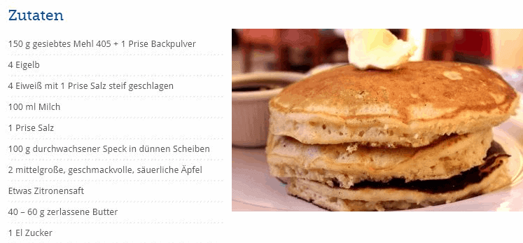 Ein Stapel Pfannkuchen mit Butter darauf, daneben eine Tasse Sirup; links eine Zutatenliste.