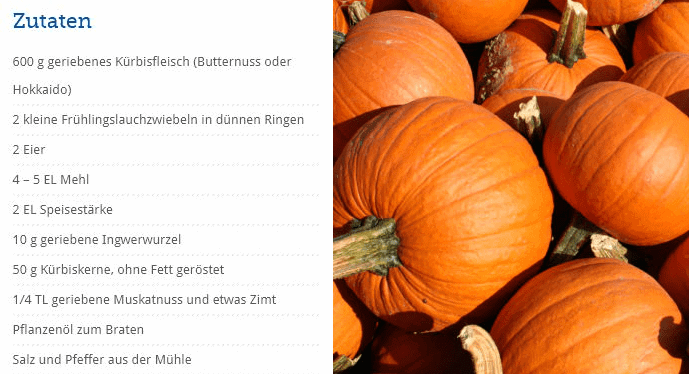 Liste von Zutaten neben einem Stapel orangefarbener Kürbisse.